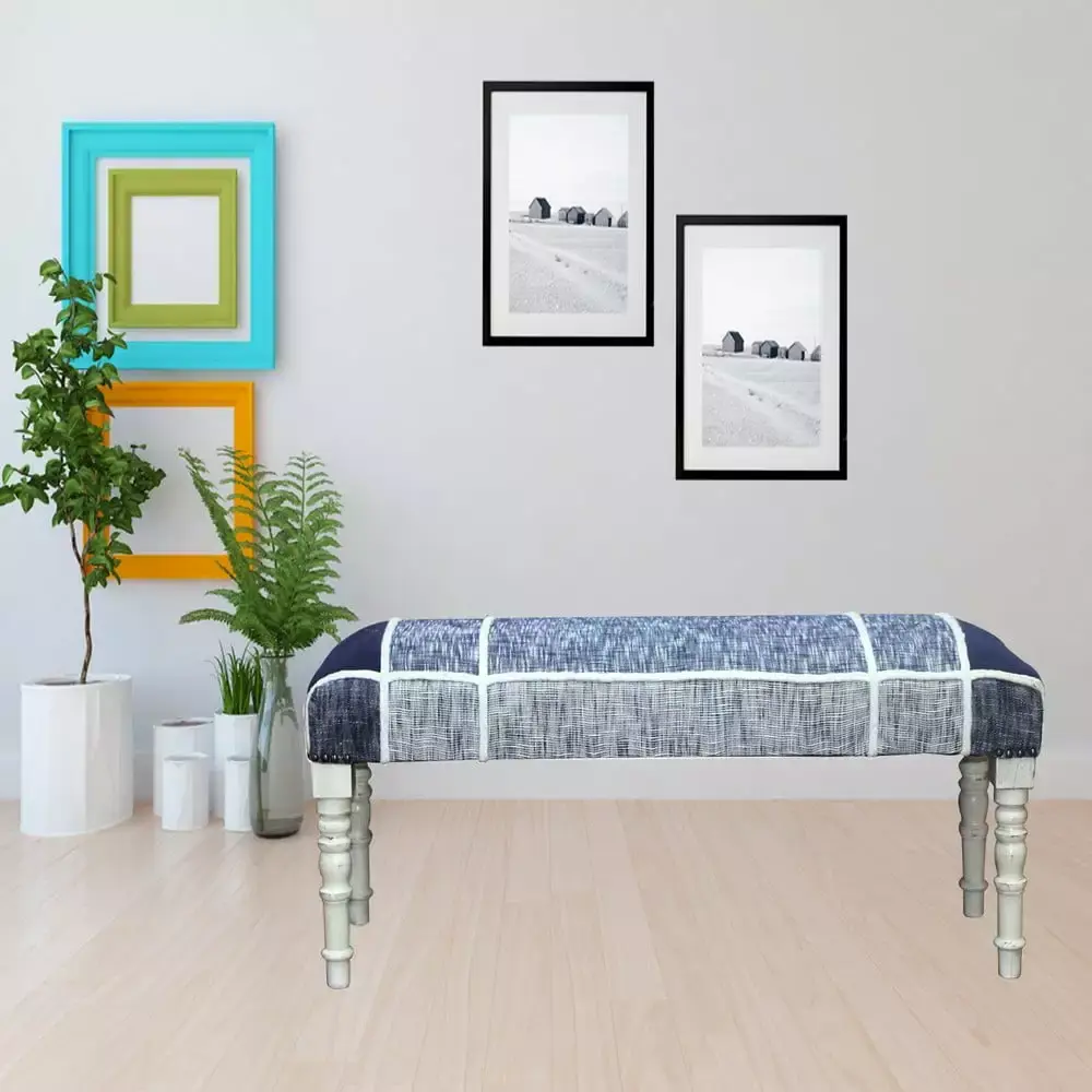 LR Home Minimal Plaid Bench Cotton Space-Saving White Legs Blue 47L x 16W x 18H