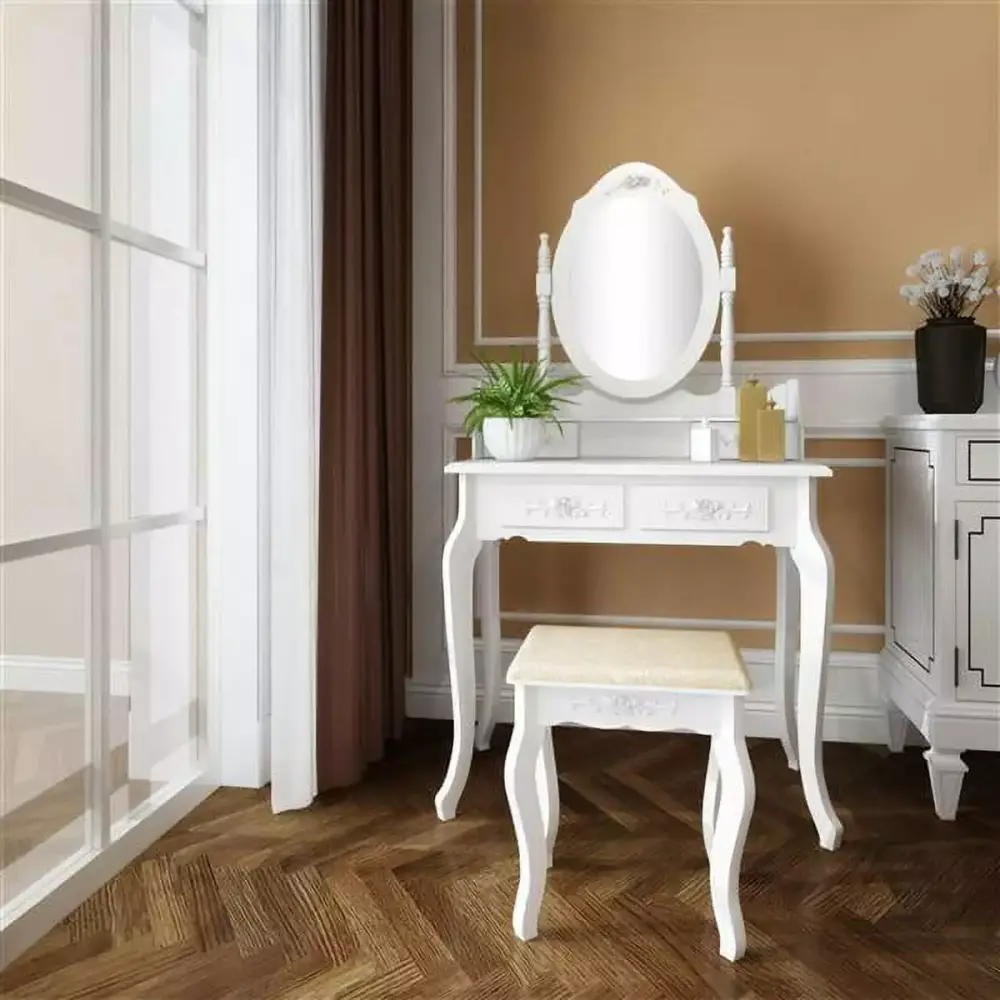 Modern Concise 4-Drawer 360-Degree Rotation Removable Mirror Dresser White for Bedroom