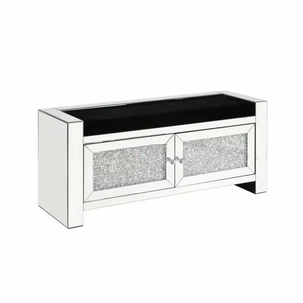 Mirrored Bench with Faux Diamonds and 2 Cabinets Silver - Saltoro Sherpi - Luxurious Bedroom Accent