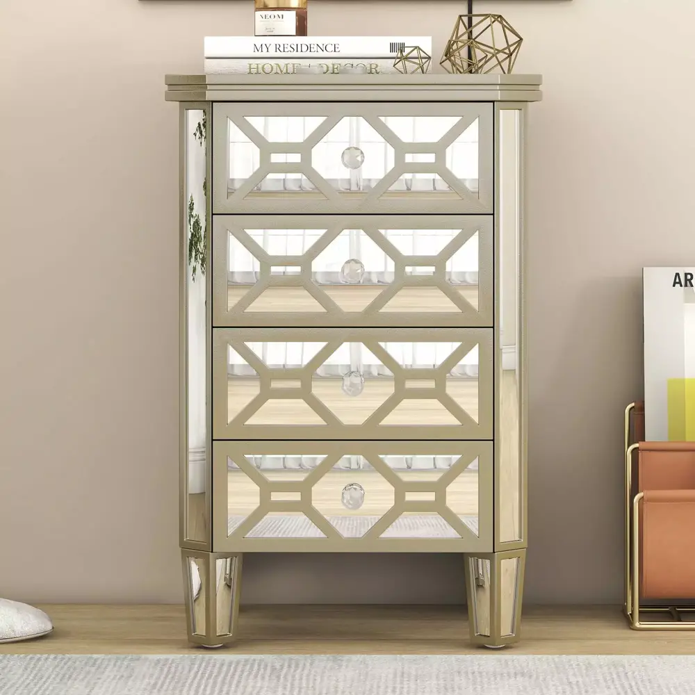 Homiyad Elegant Mirrored 4-Drawer Chest with Golden Lines Storage Cabinet for Living Room