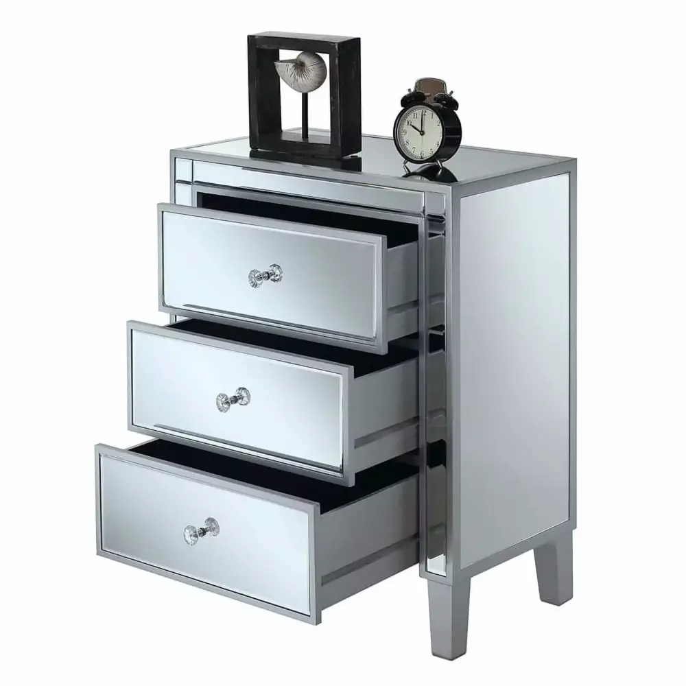Home Square 3-Drawer Chest in Mirrored Glass and Silver - Set of 2 - Glamorous Bedroom Accents