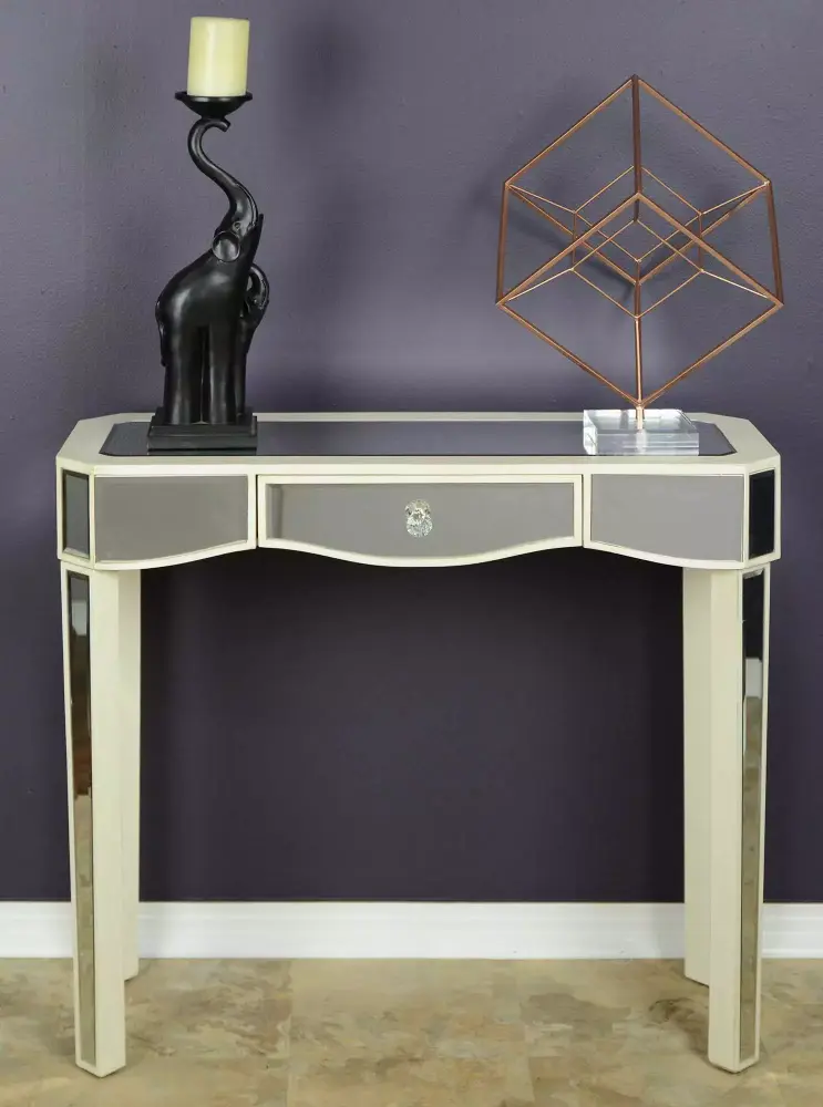 31 Inch Antique White Console Table with Mirrored Glass Top and Drawer for Entryway