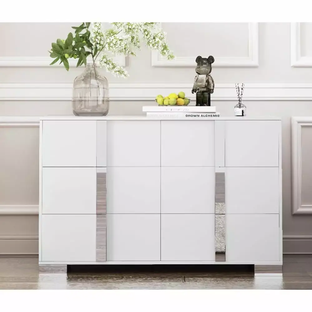 Kadyn Dresser Elegant Modern Storage Cabinet with Metal Handle Mirrored 6 Drawers White