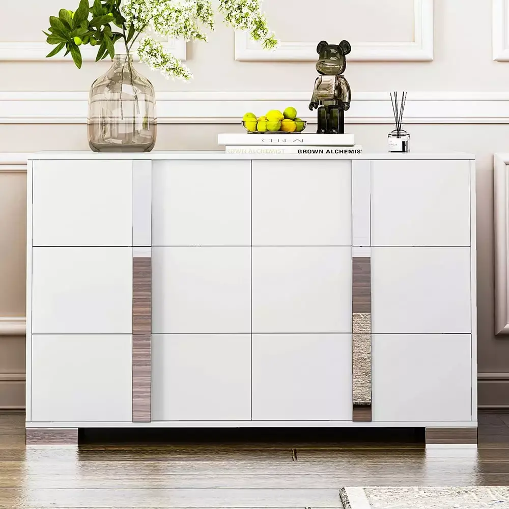 Kadyn Dresser Elegant Modern Storage Cabinet with Metal Handle Mirrored 6 Drawers White