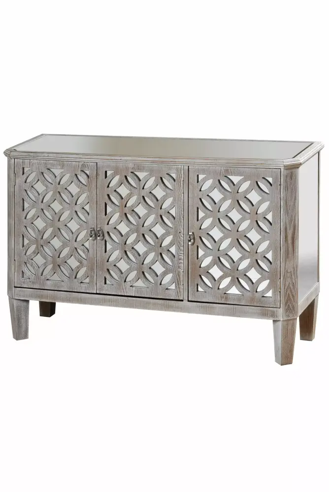 3 Door Mirrored Filigree Dresser in Driftwood Gray Finish for Modern Bedroom