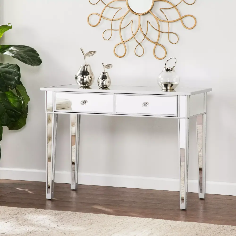 SEI Furniture Mirage Mirrored 2 Drawer Media Console Table Silver