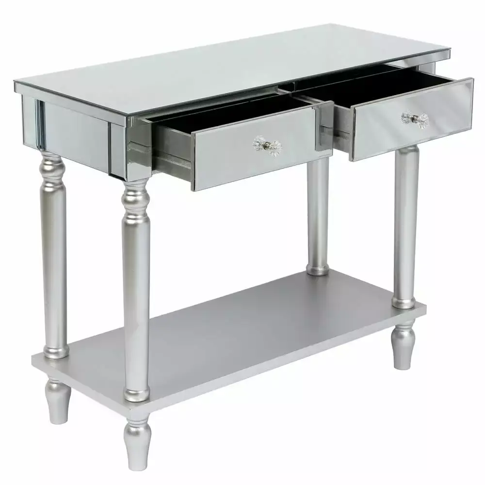 Mirrored Console Table Dressing Table Sofa Table with 2 Drawers and Shelf Silver