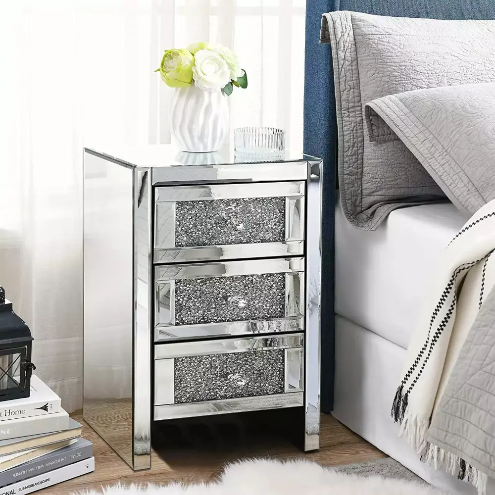 Alohappy Mirrored Nightstand with 3-Drawers Mirror and Crystal Surface End Table Silver Bedside Table for Living Room/Bedroom Fully Assembled Crystal Sliver