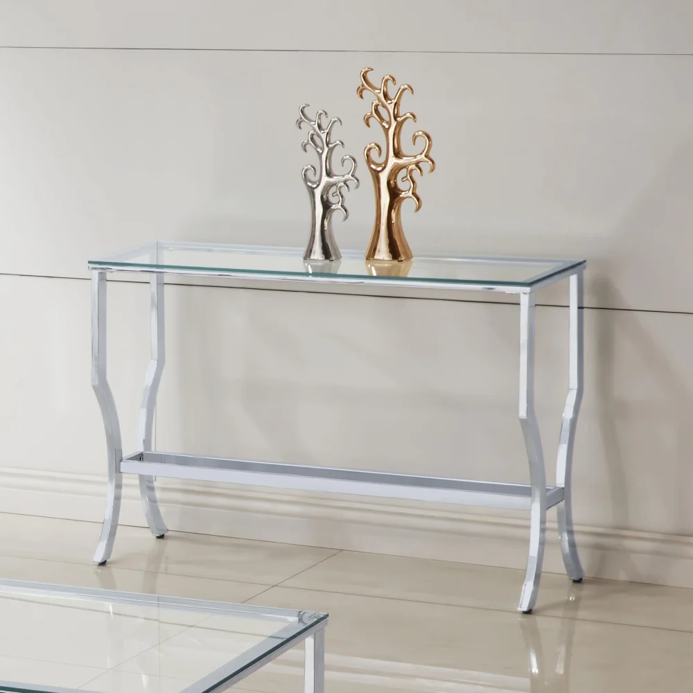 Saide Rectangular Sofa Table with Mirrored Shelf in Chrome for Stylish Decor