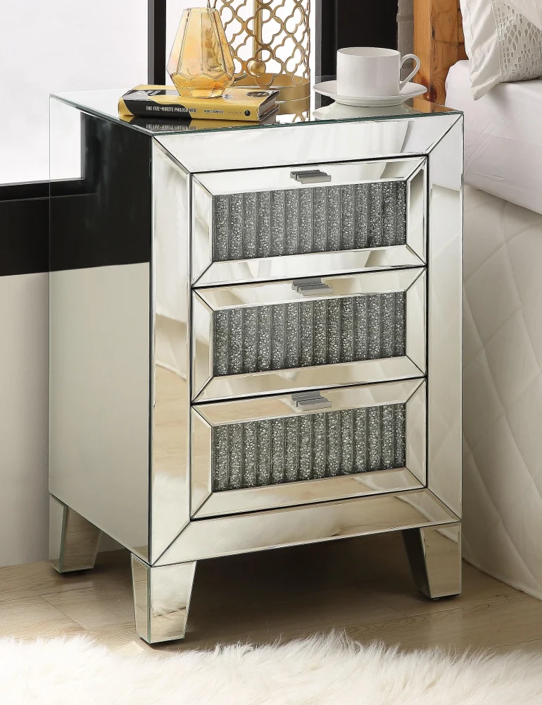Caesia Mirrored Accent Table with Faux Diamonds for Living Room and Bedroom
