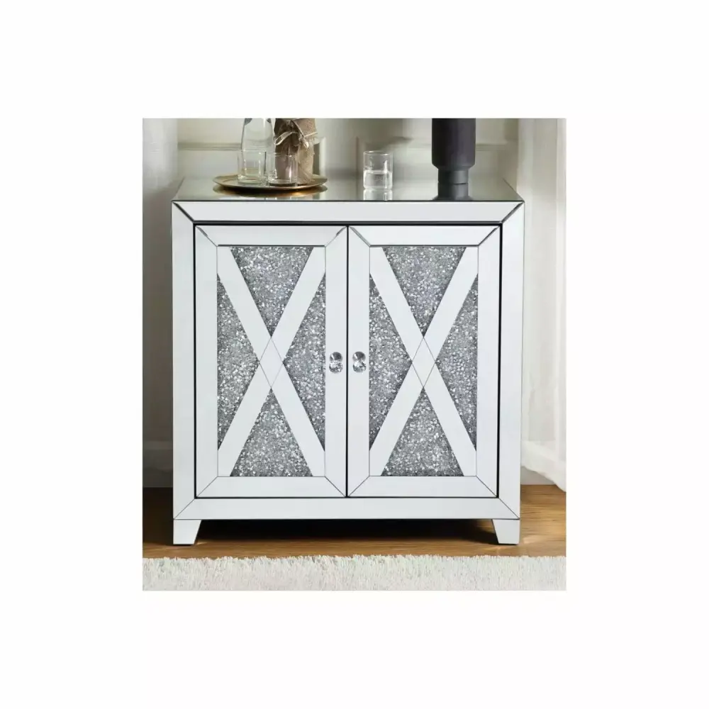 ACME Noralie 2-Door Console Table in Mirrored Finish with Faux Diamonds