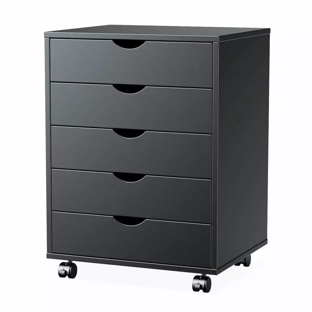 Minhui 5-Drawer Black Wood Storage Cabinet with Wheels for Home Office