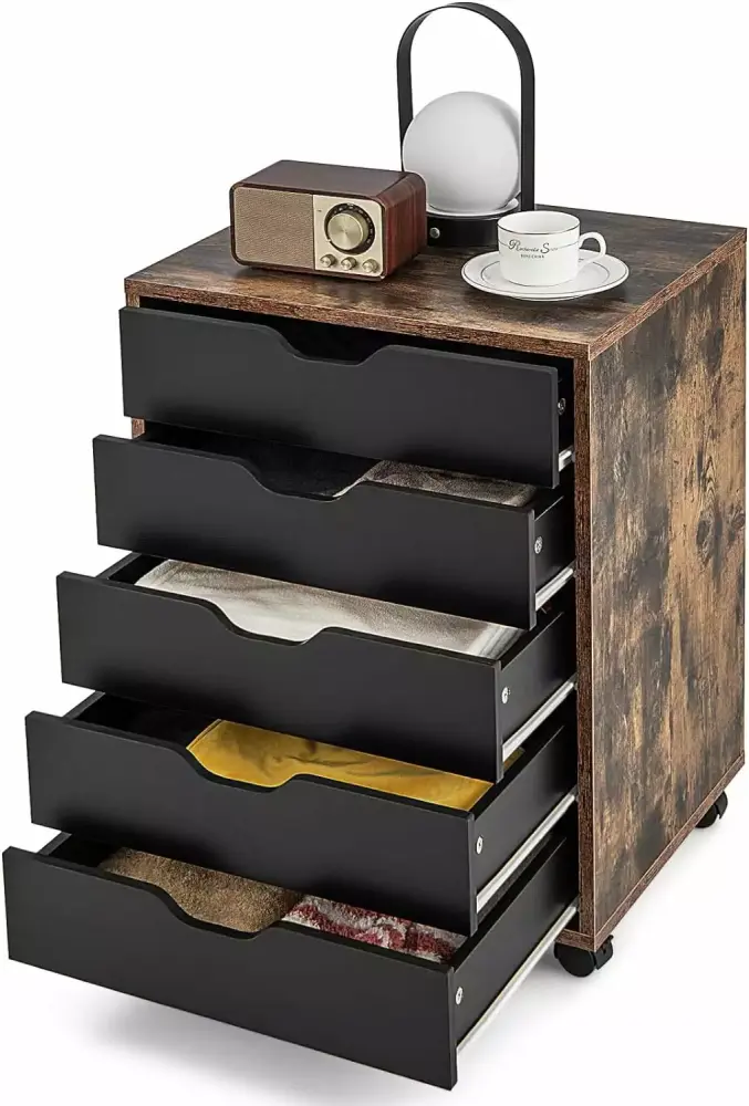 Elegant 5-Drawer Storage Cabinet with Lockable Wheels - Rustic Brown and Black Mobile Office Dresser