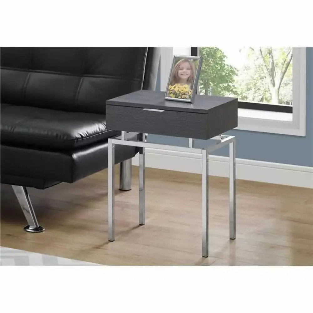 HomeRoots 23.25 Inch Grey Particle Board Chrome Metal Accent Table for Small Spaces