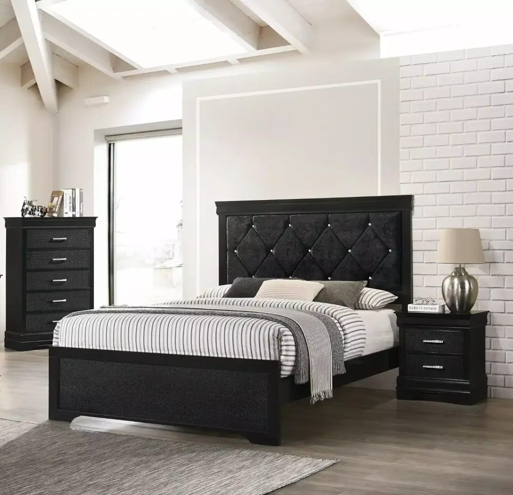 Modern 3pc Queen Size Panel Bed Set with Chest and Nightstand in Solid Black Wood