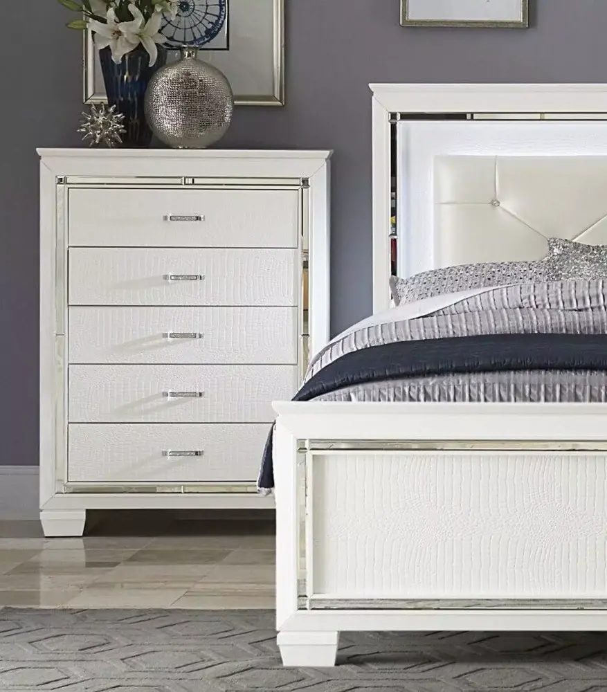 Modern White Bedroom 5pc Set Full LED Bed Nightstand Dresser Mirror Chest Set
