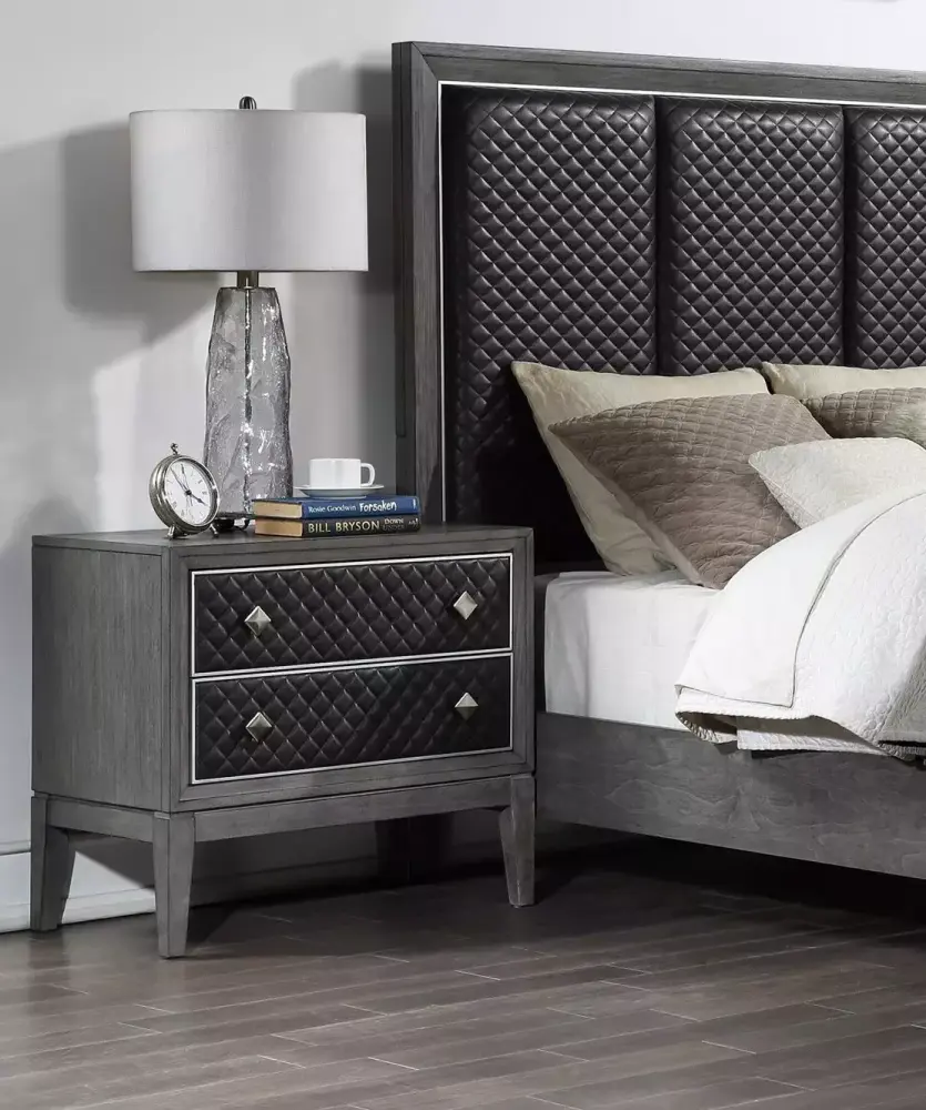 5pc Modern Bedroom King Set Bed Nightstand Chest Dresser Mirror Gray Faux Leather Upholstery
