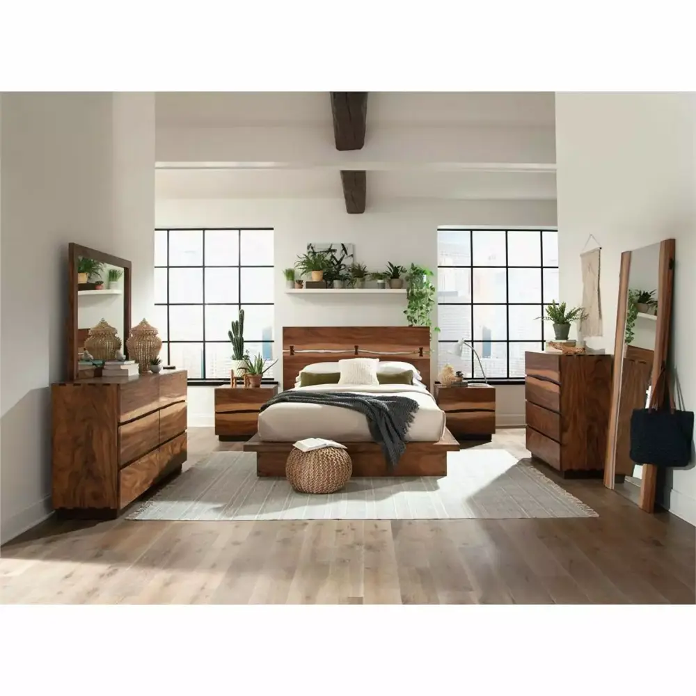 Maklaine Modern 5-Piece Wood Queen Bedroom Set in Smokey Walnut