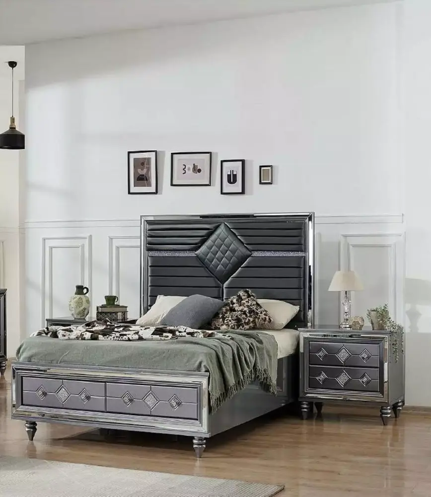 3pc Luxury Dark Gray Queen Bed w/LED Headboard Nightstand Bedroom Set