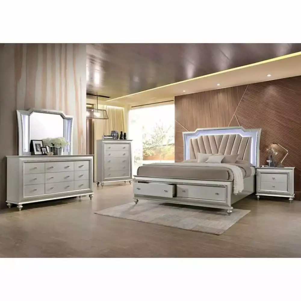 4Pc Queen Size LED Lighting Headboard Bedroom Set with Storage Bed