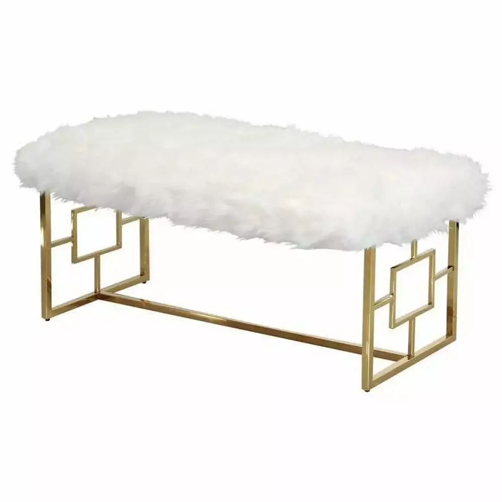 Best Master Stainless Steel and Faux Fur Bench in White and Gold