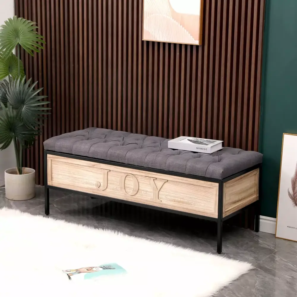 Dark Gray Linen Upholstered Storage Bench with Wood and Metal Frame