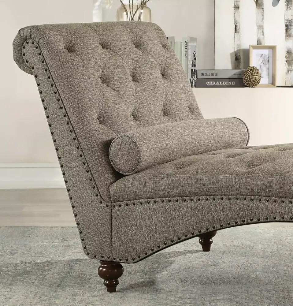 Modern Stylish Brown Chaise Lounge with Button-Tufted Nailhead Trim and Bolster Pillow