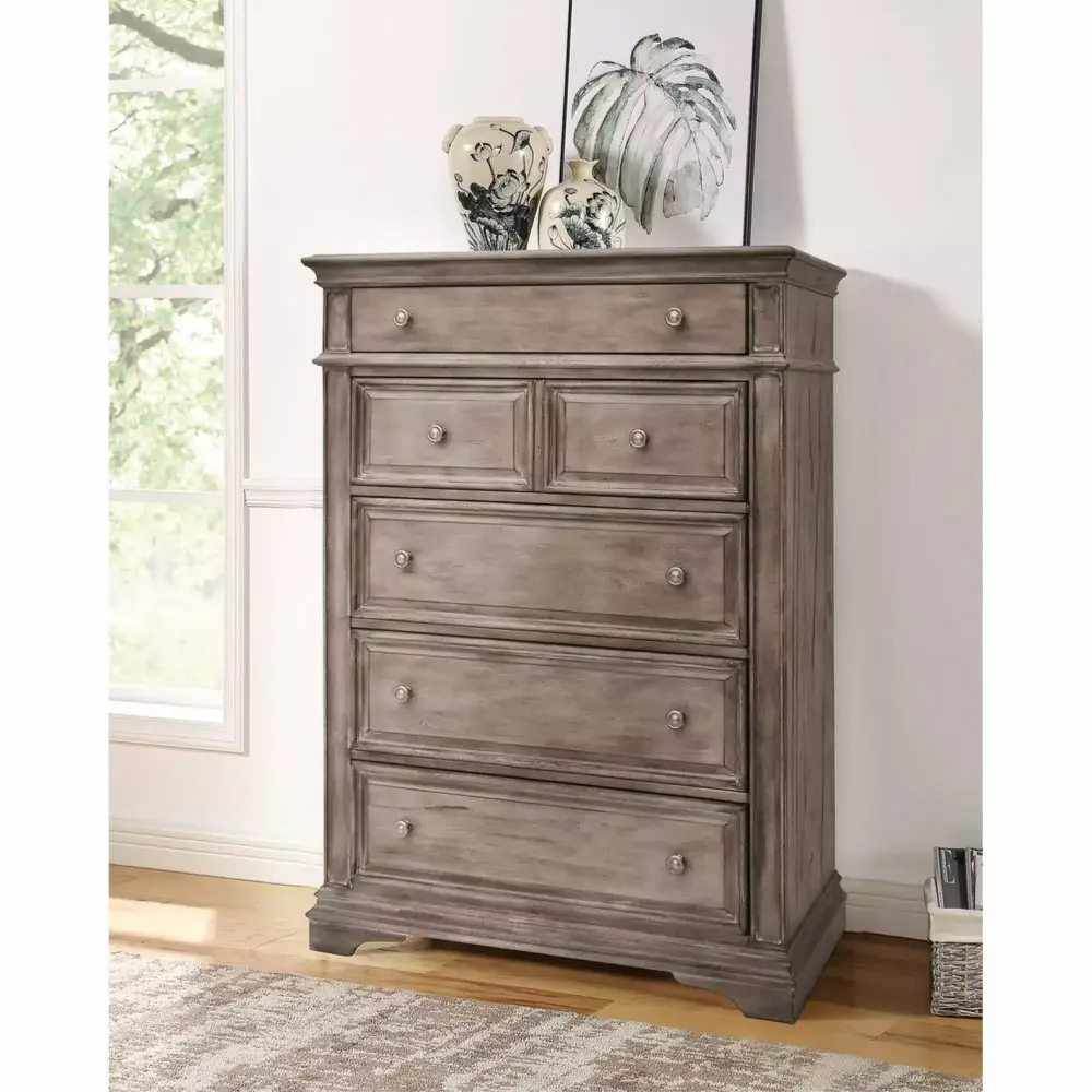 Highland Park Driftwood Gray Wood 5-Drawer Chest Modern Bedroom Furniture