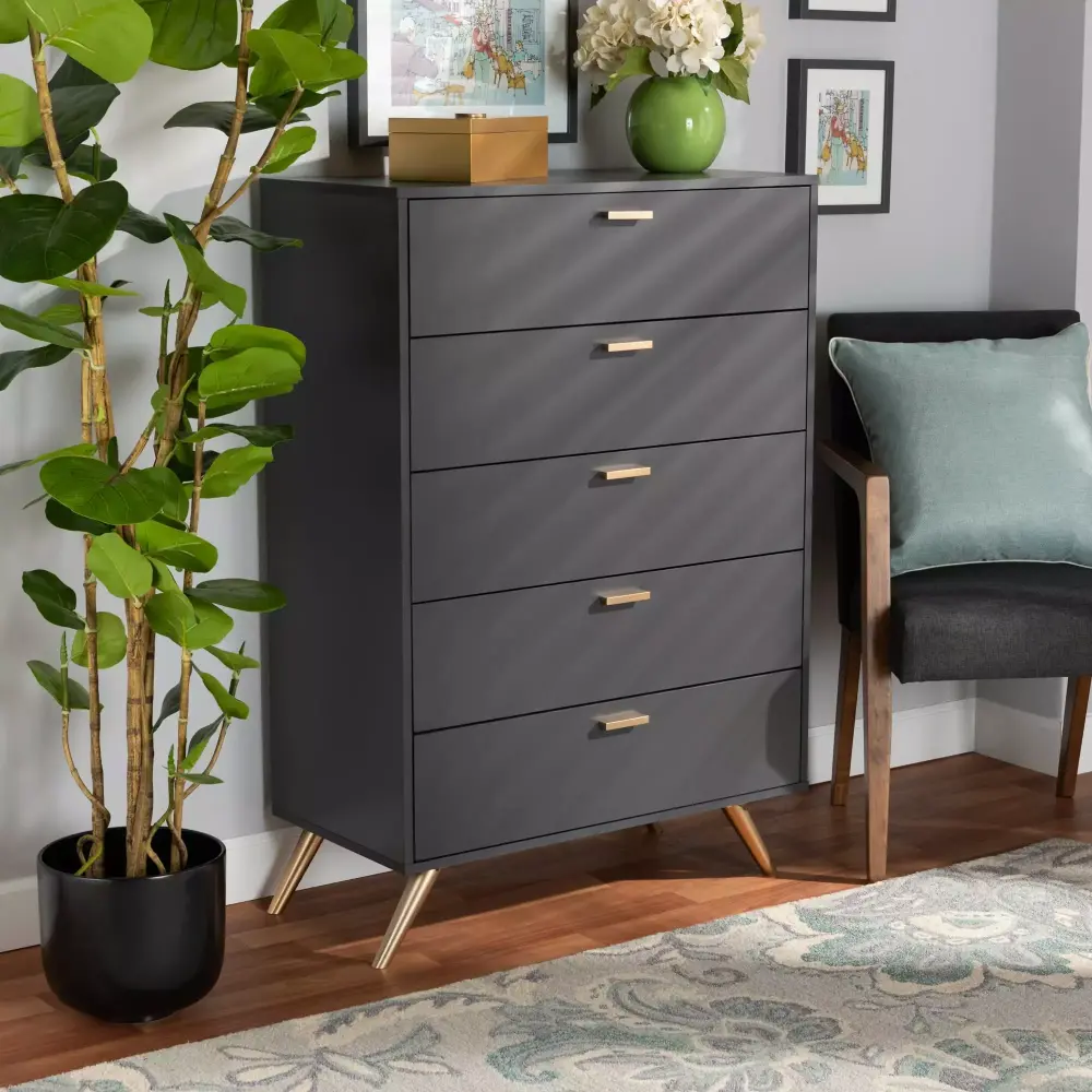 Baxton Studio Kelson Modern Dark Grey and Gold 5 Drawer Chest for Bedroom