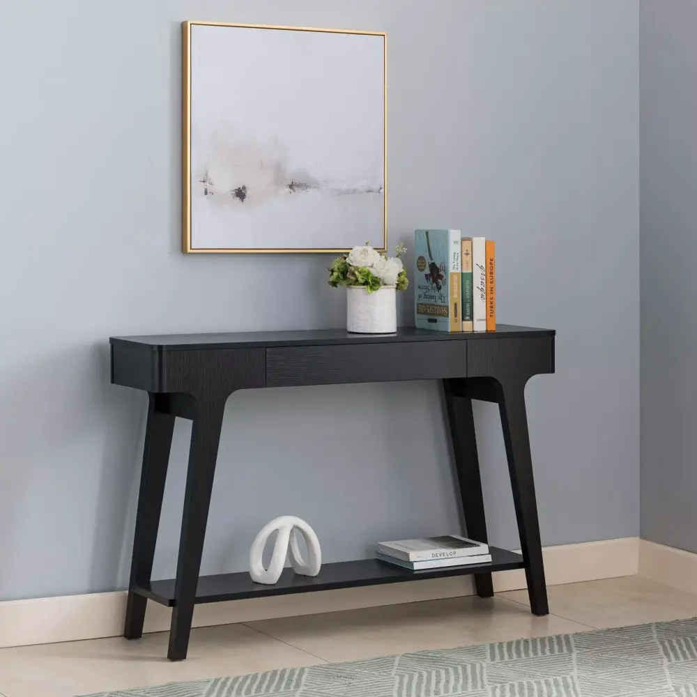 Royard Oaktree 47 Console Table Modern 2-Tier Entryway Table with Storage Drawer Bottom Shelf Black Sofa Table