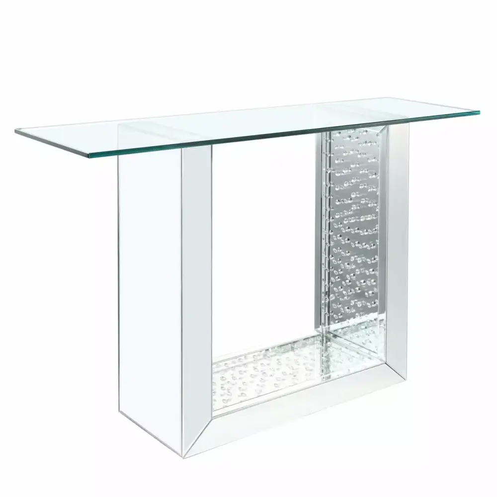 46 Inches Glass Top Console Table with Mirrored Sled Base Silver Saltoro Sherpi