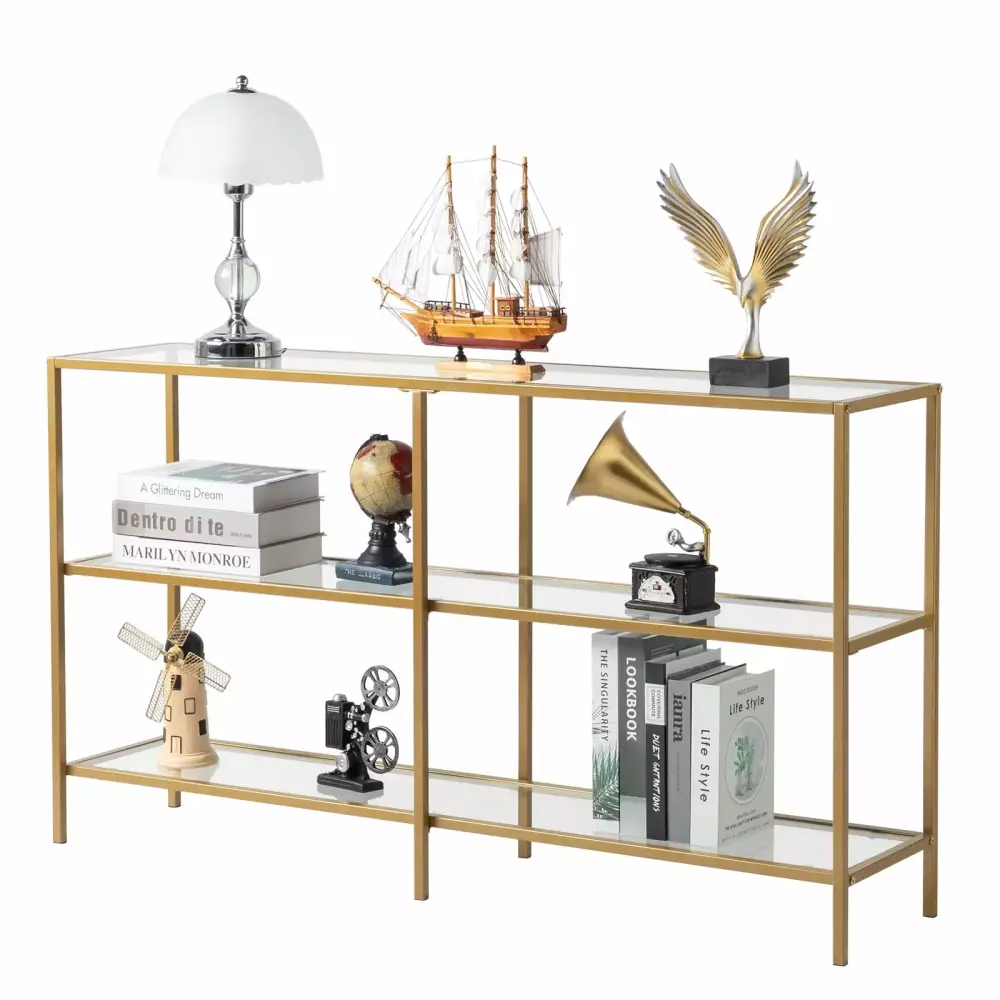 51.2 Inch Console Sofa Table with 3 Shelves Steel Frame Tempered Glass Modern Entryway Table Gold