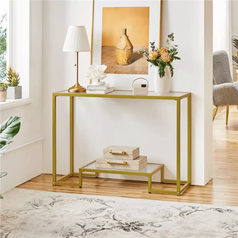 SmileMart Modern Gold Tempered Glass Console Table with Metal Frame