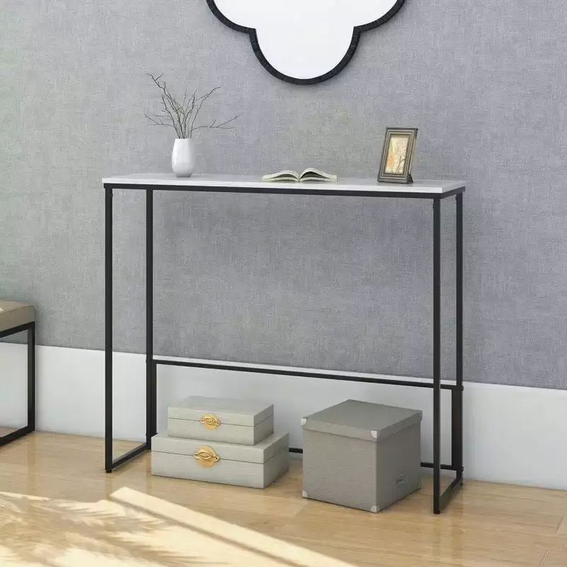 Abble White Quartz Stone Narrow Console Table with Black Sled Legs
