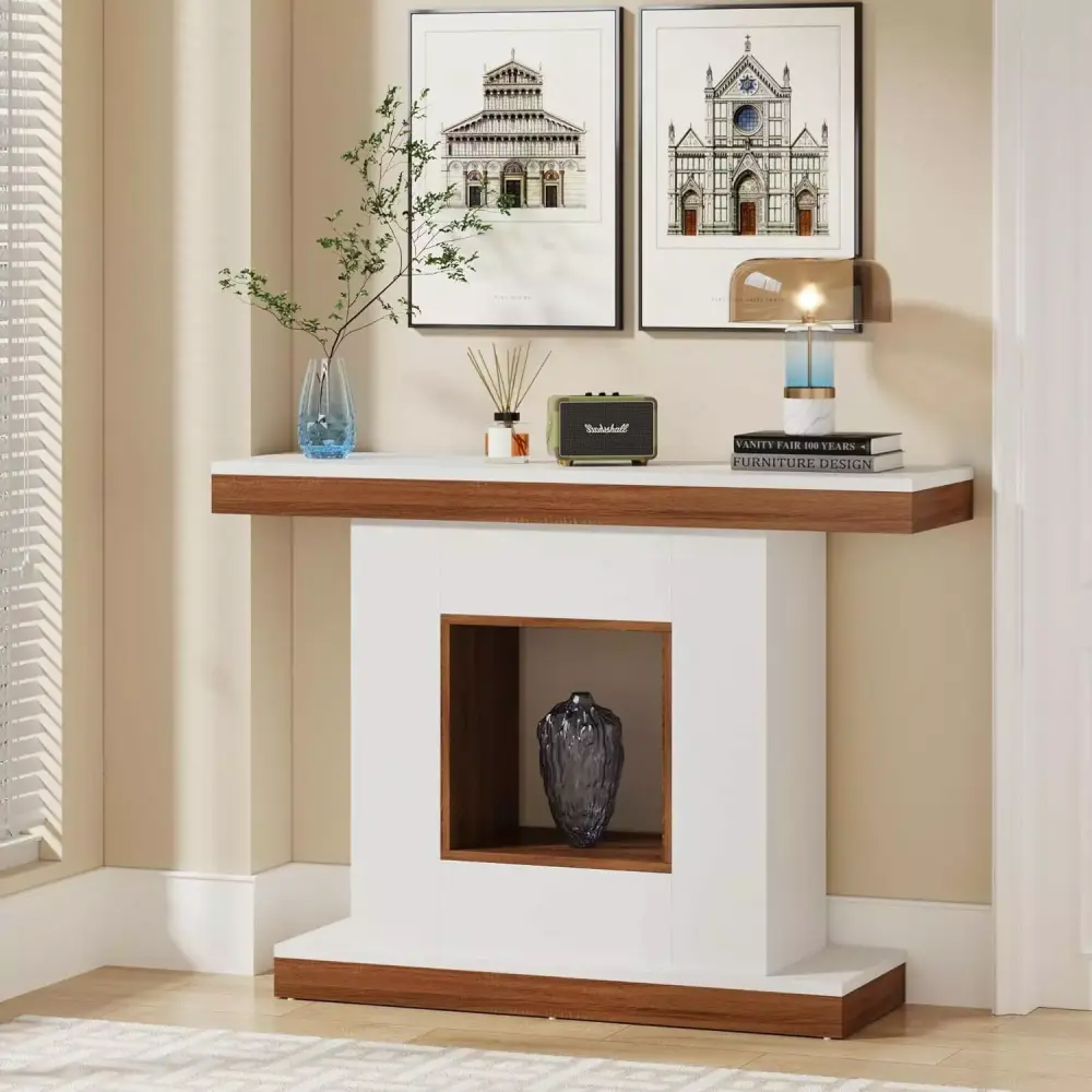Tribesigns Modern 42 Inch Wood Console Table in White & Walnut for Entryway or Living Room
