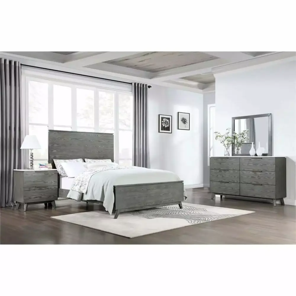 Maklaine 4-piece Wood Eastern King Bedroom Set White Marble and Gray