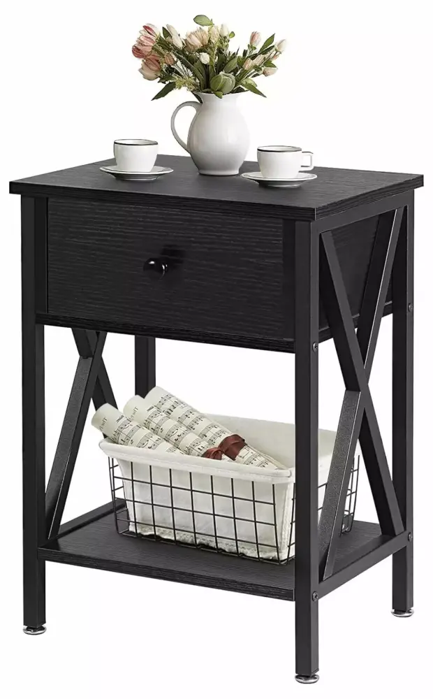 Ditangy Modern X Design Night Stand with Drawer Black Storage Shelf