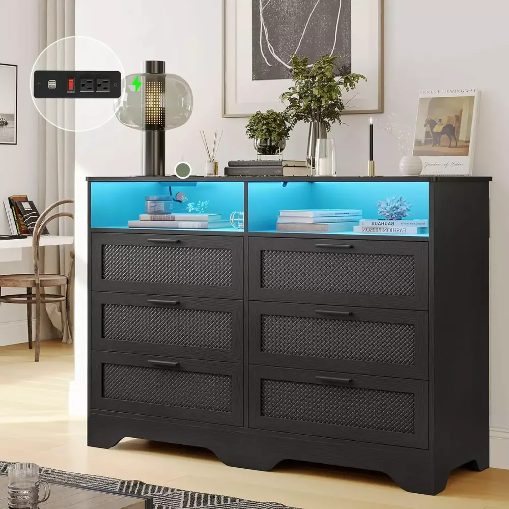 6 Drawer Dresser with LED Light Open Storage Modern Black