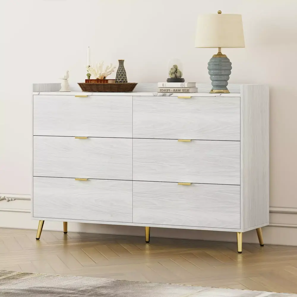 Homiyad 55 Long 6 Drawer Dresser with Marbling Worktop and Metal Legs in White
