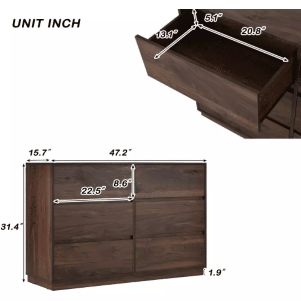 Medieval Modern 6-Drawer Dark Brown Dresser for Bedroom Kitchen Living Room