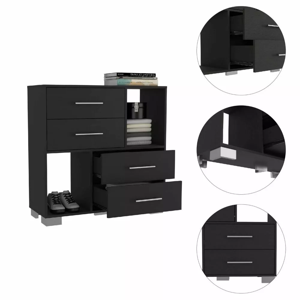 Black Krista Dresser with Two Open Shelves and Four Drawers