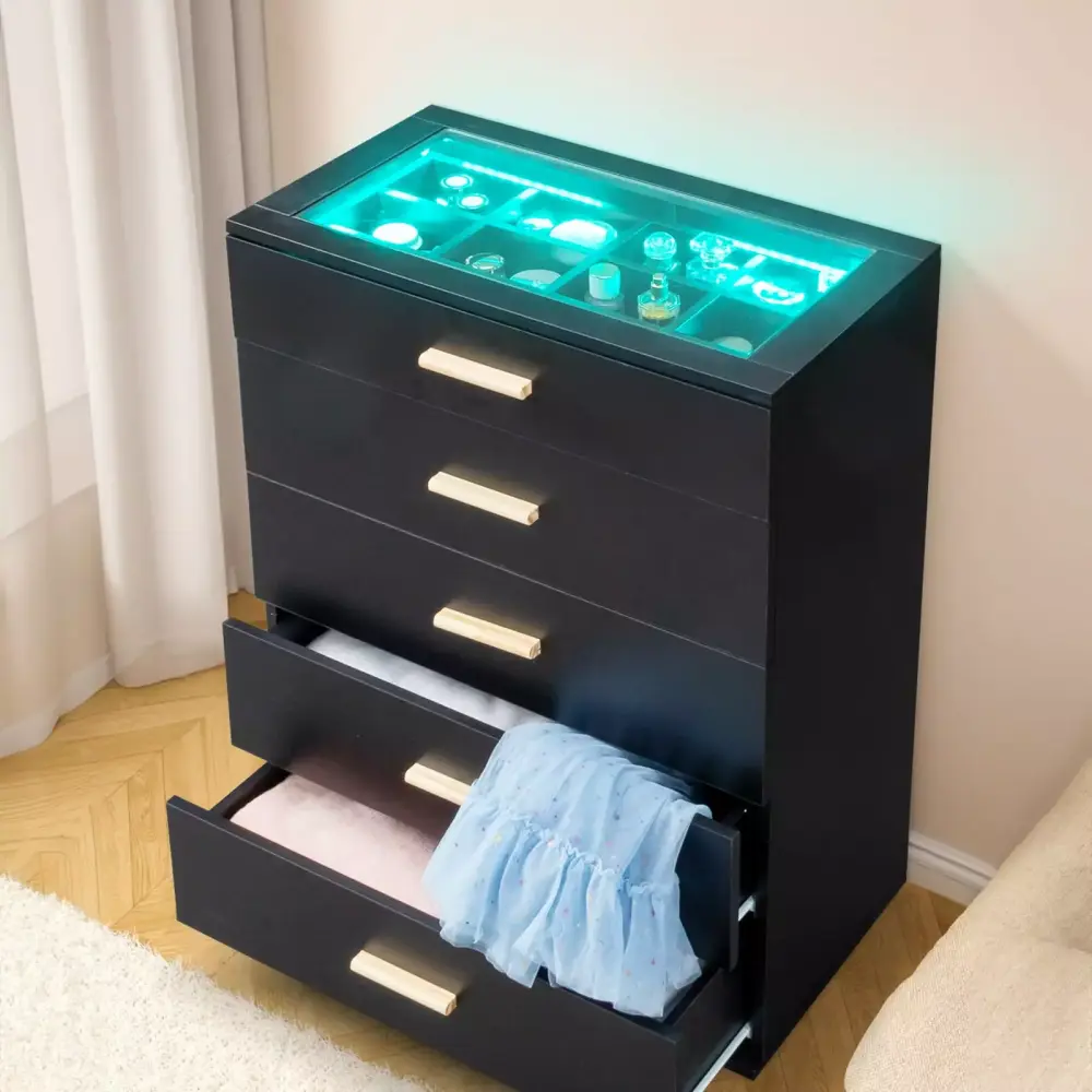Zimtown 5 Drawers Dresser with Visual Glass Top Wooden Storage Tower Black