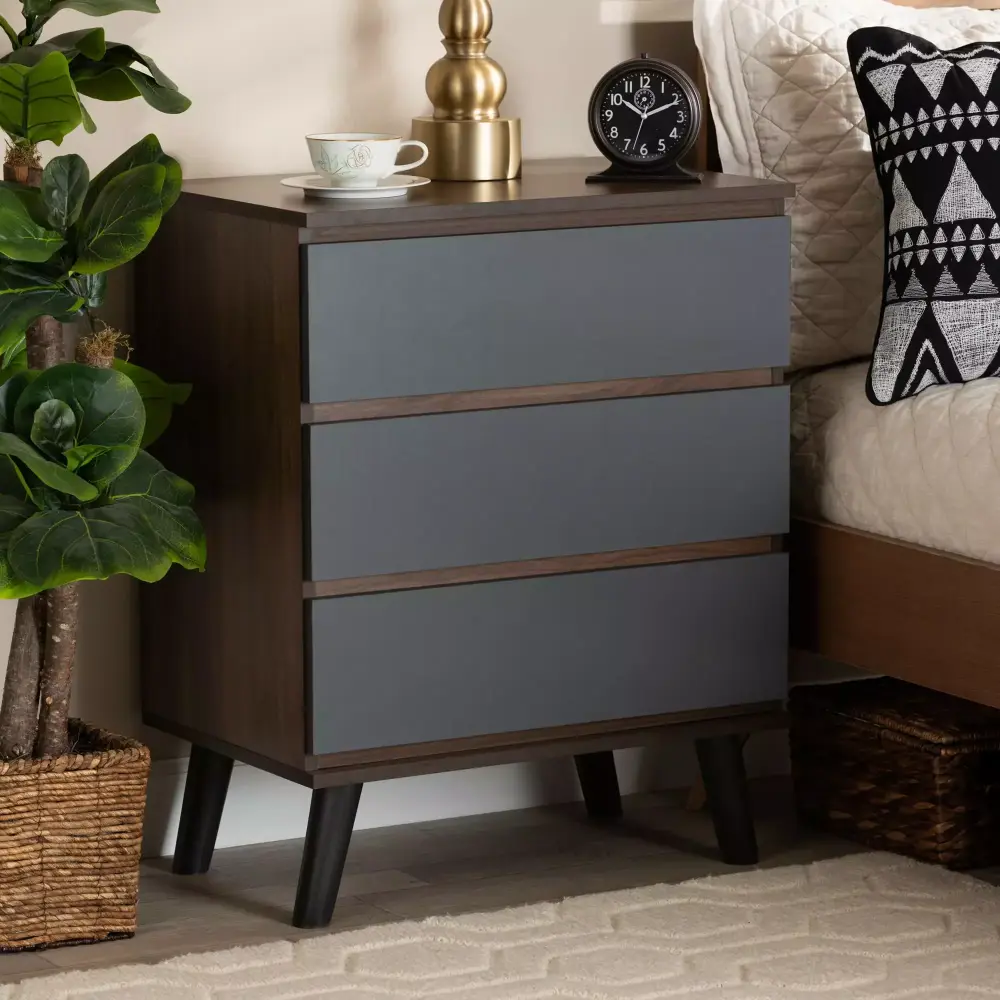 Baxton Studio Roldan Modern 3-Drawer Bedroom Chest Walnut and Grey Finished Wood