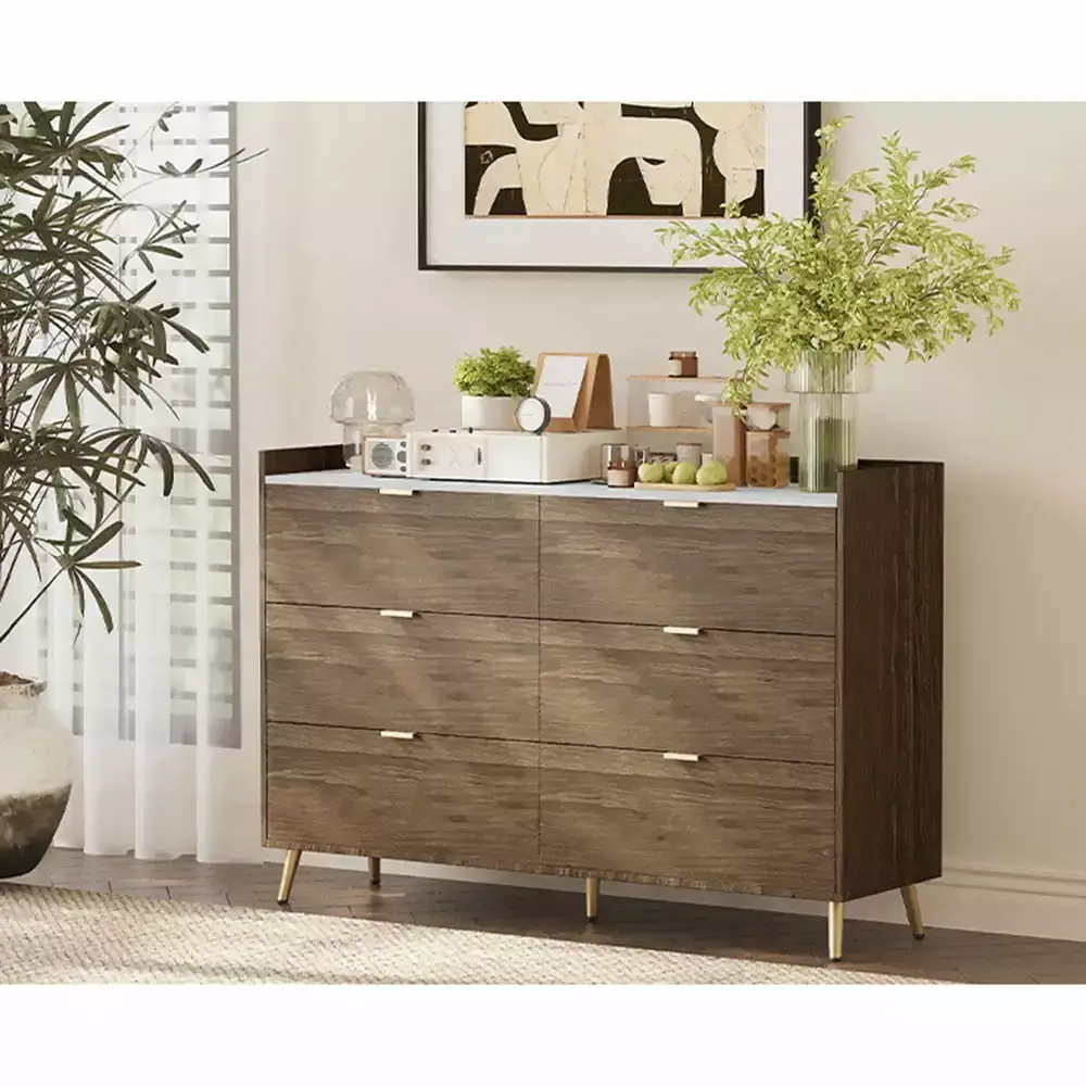 Canddidliike Chest of Drawers with Metal Legs Walnut MDF Marble Countertop