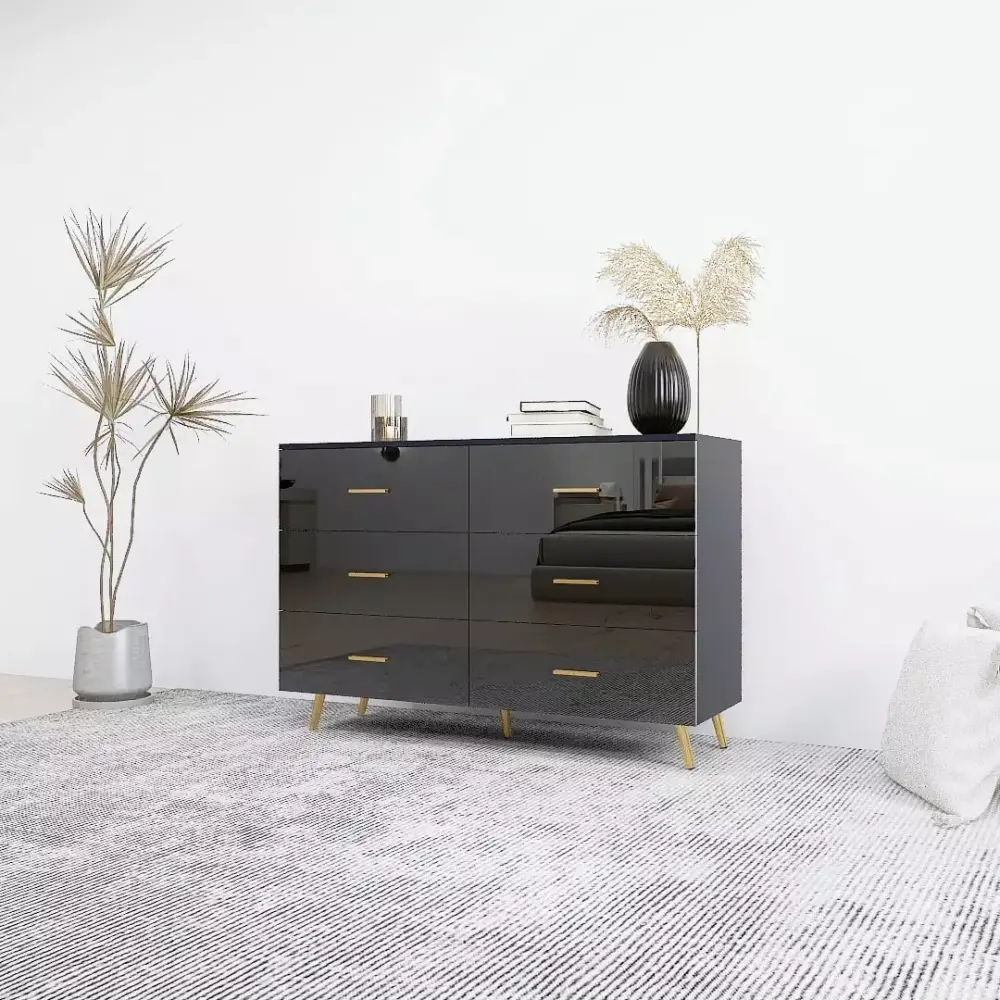 ETEPON High Glossy Surface 6 Drawers Chest of Drawer with Golden Handle and Golden Steel Legs Black Vanity