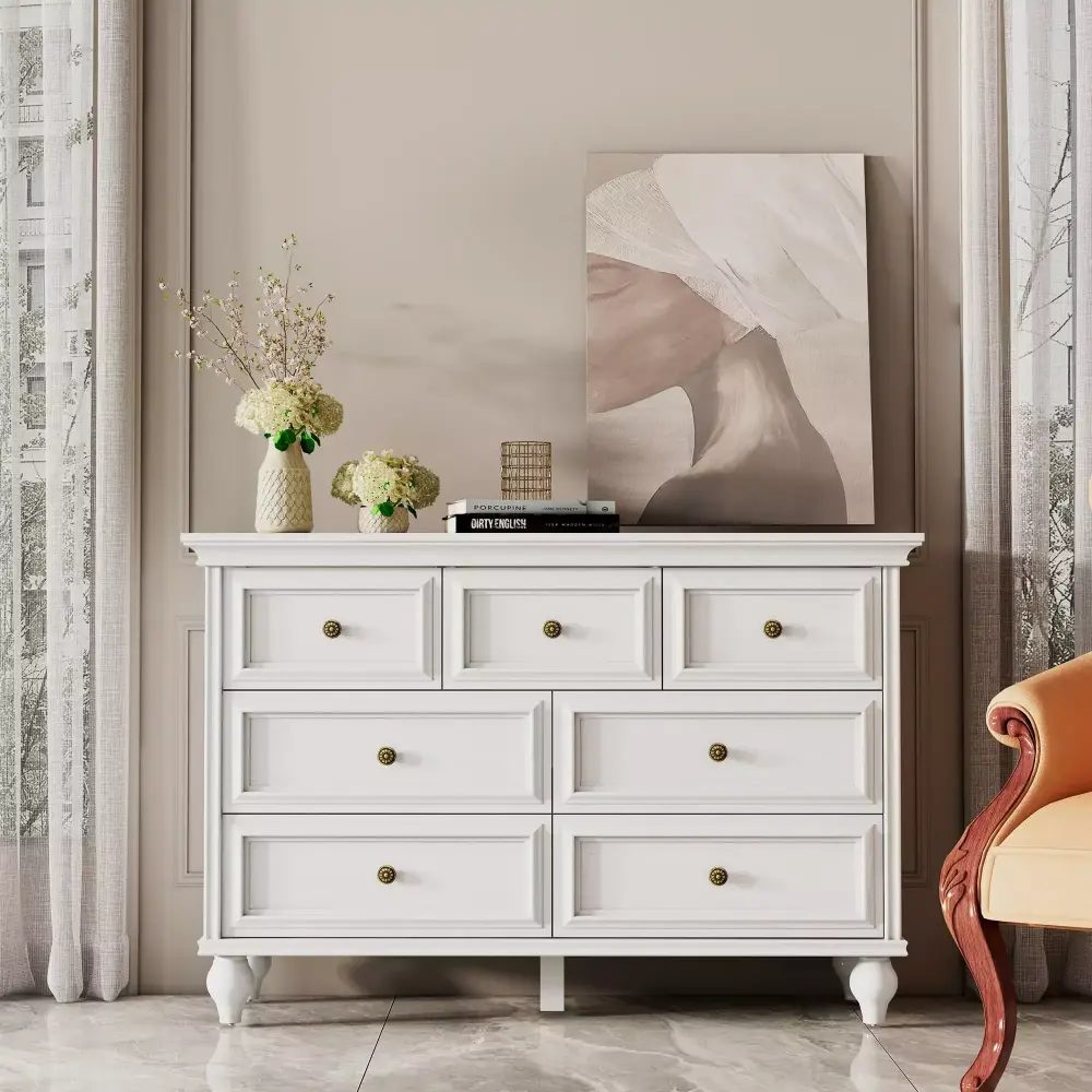 HOSSLLY White Modern Dresser 7 Drawer Double Dresser with Metal Handles