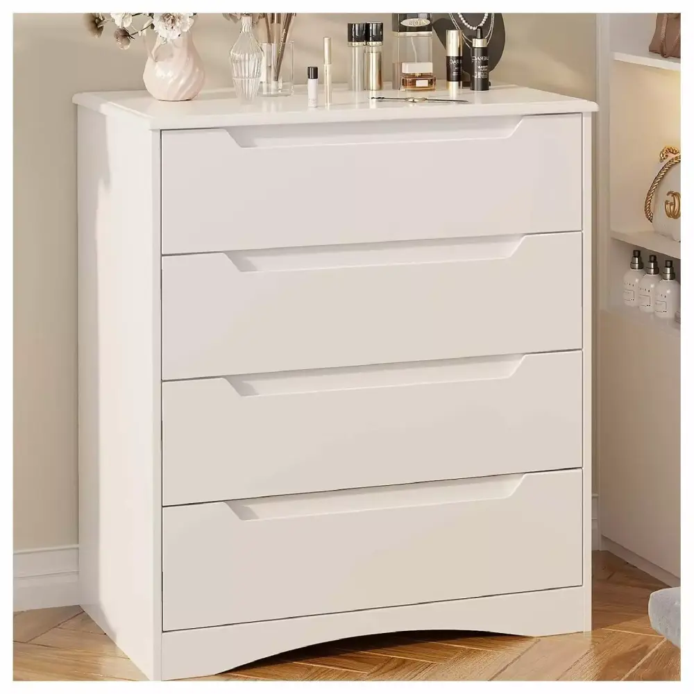 Lwory 4-Drawer Wood Chest Dresser with Cut-Out Handles Modern Storage for Closet Living Room Bedroom White