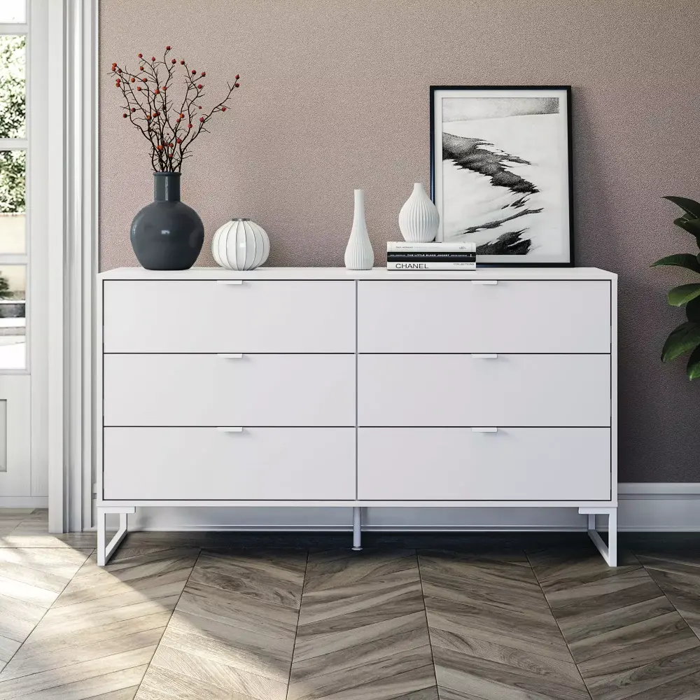 New Collins Modern 6 Drawer Dresser in White 32.2H x 57.1W x 17.7D