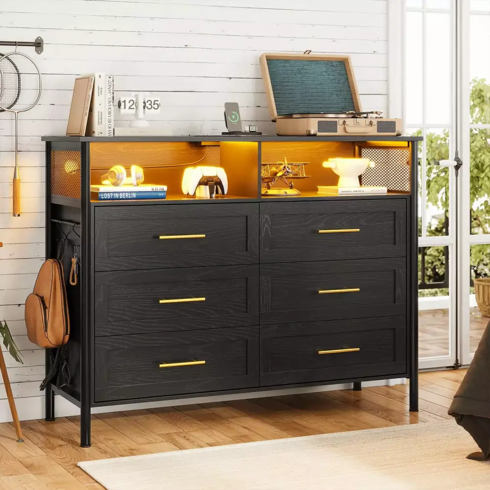 Afuhokles 6 Drawer Dresser for Bedroom with Charging Station LED Lights Cloth Pocket
