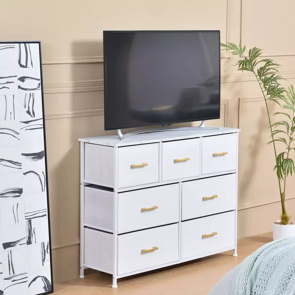 Bigroof White 7-Drawer Dresser with Artificial Leather and Wood Top for Bedroom